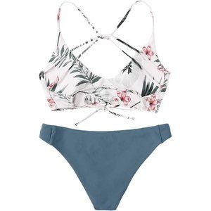 Women's Sexy Bathing Suit Floral Print Cross Back Bikini Set Swimsuits